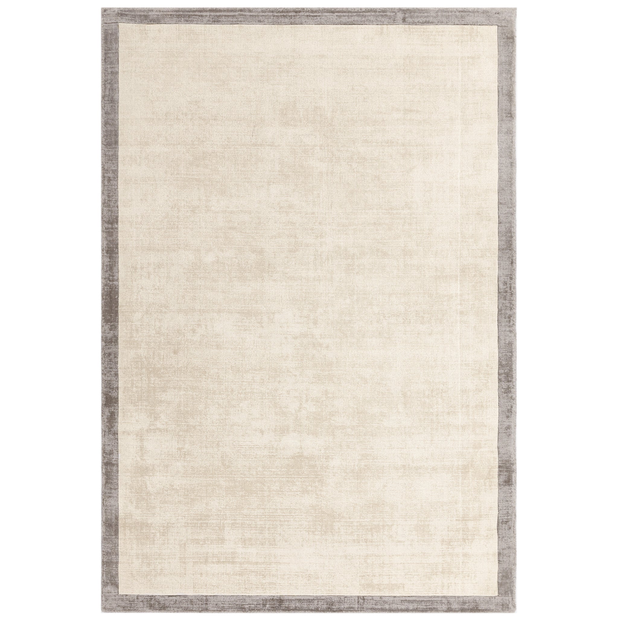 Luxury handwoven viscose rug, in putty with a narrow silver boarder, with a tip sheared finish giving a vintage effect. Size - Large Pile Height: 7mm Dimensions: 2000 x 2900 mm 100% Viscose Hand Woven in India Delivery: 5-7 days